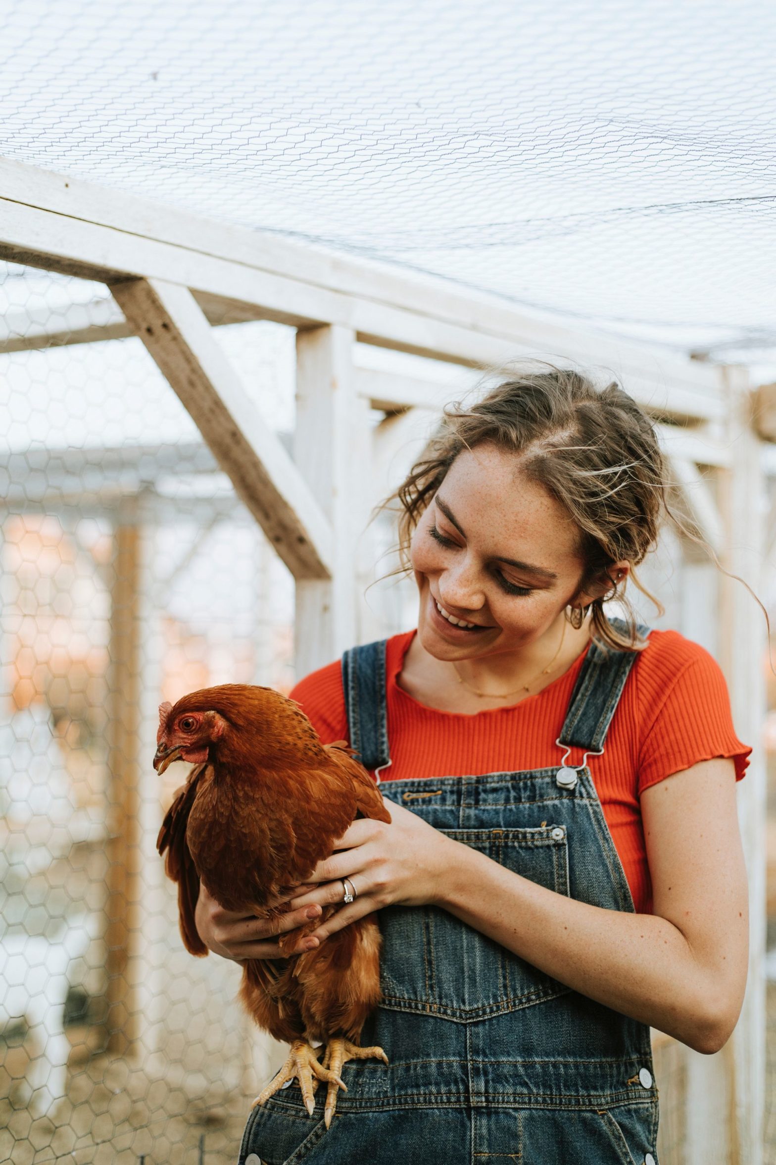 A woman in a red shirt and overalls holding a chicken