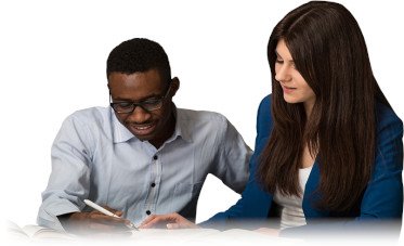 A woman and man working together with a white background